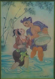 Mai Long (Vietnam, 1931): 'M&egrave;re et enfant' et 'La p&ecirc;che en rivi&egrave;re', encre et couleur sur soie